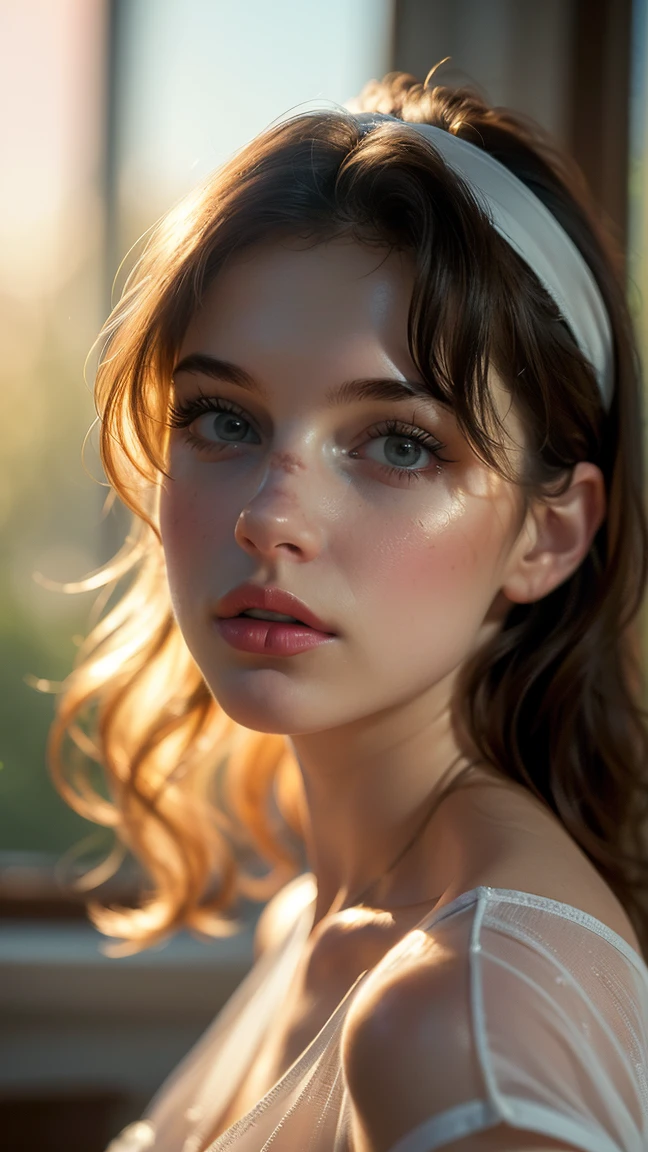 (((ultra realist))) photoshot, masterpiece, top quality, (pale skin), (ultra-detailed face and eyes:1.3), 1 girl, adult, im T-Shirt, (Eye make up, mask) , ((size, Detailed Lips)), ((ashy wavy hair)), ((Chyolka)) , (Natural breasts), Slender waist. ((posing)), photoshot-Shooting, studio (Soft lighting), (The play of light and shadow), depth of field, bokeh, (special attention to skin details: 1.2), Detailed leather structure, Hautporen. (Airy atmosphere of the frame. Colour palette - delicate, bright, White, Pink tones), DR, ((film grain)), ((Rays)), ((Glare from the sun)), ((Waist up portrait, close to the camera)) , ultra detailed,