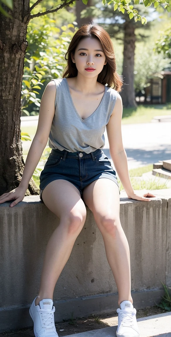 masterpiece, best quality, Surreal, Ultra Detailed, 8K resolution, RAW photos, Clear focus, (A girl in the forest), ((light gray shirt)), sleeveless, sports Shorts,, Solitary, Perfect body, Perfect body, Bangs to eyebrows、Beautiful brown hair、Beautiful and delicate eyes、Brown eyes、Raise an eyebrow、Bangs to eyebrows、Beautiful brown hair、Beautiful and delicate eyes、Slender legs,Brown eyes、Raise an eyebrow、High Nose、Small nostril、Little mouth、Tempting lips、Mouth slightly open、Beautiful breasts、Full body、Oval face,Phoenix Eyes,Eyebrow, Double eyelids, Long eyelashes, A faint smile, full-body shot:1.2,She has a pair of eyes as clear as water,Eyebrows are like distant mountains,Creamy skin,Lips like cherry blossoms,玉Slender legs如柳枝,Her beauty is not only in appearance,It's more about her fragile yet tenacious temperament,Like a hibiscus flower swaying in the wind,It's pitiful, A faint smile, full-body shot:1.2,Playful and flirty pose,The calves are straight and thin:1.5,Wear high-end brand colored sneakers:1.5,
32 inches in the chest,(a charming smile:1), (sexy pose),26 years old, light,White shoes,