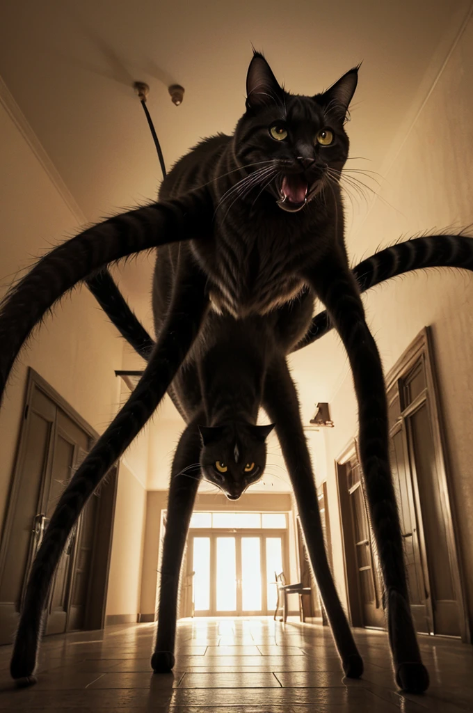 a cat with long spidery spider legs coming out of its mouth, twisted body, in a hospital hall, highly detailed, photorealistic, 8k, masterpiece, dark fantasy, horror, surreal, cinematic lighting, moody atmosphere