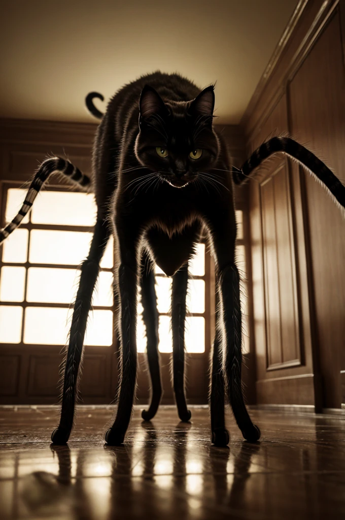 a cat with long spidery spider legs coming out of its mouth, twisted body, in a hospital hall, highly detailed, photorealistic, 8k, masterpiece, dark fantasy, horror, surreal, cinematic lighting, moody atmosphere