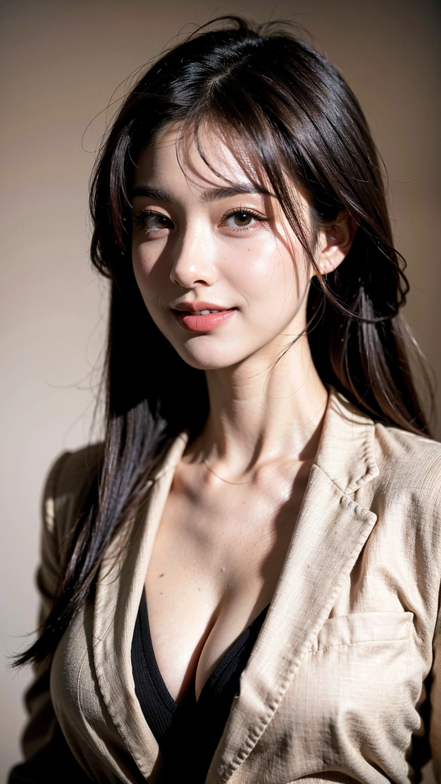 Tabletop, Highest quality, Realistic, Very detailed, finely, High resolution, 8k wallpaper, One beautiful woman,, Light Brown Hair, Wear a business suit, Sharp focus, Perfect dynamic composition, Beautiful and detailed, Thin Hair, Detailed Realistic skin texture, smile, Close-up portrait, Model body type,Cleavage