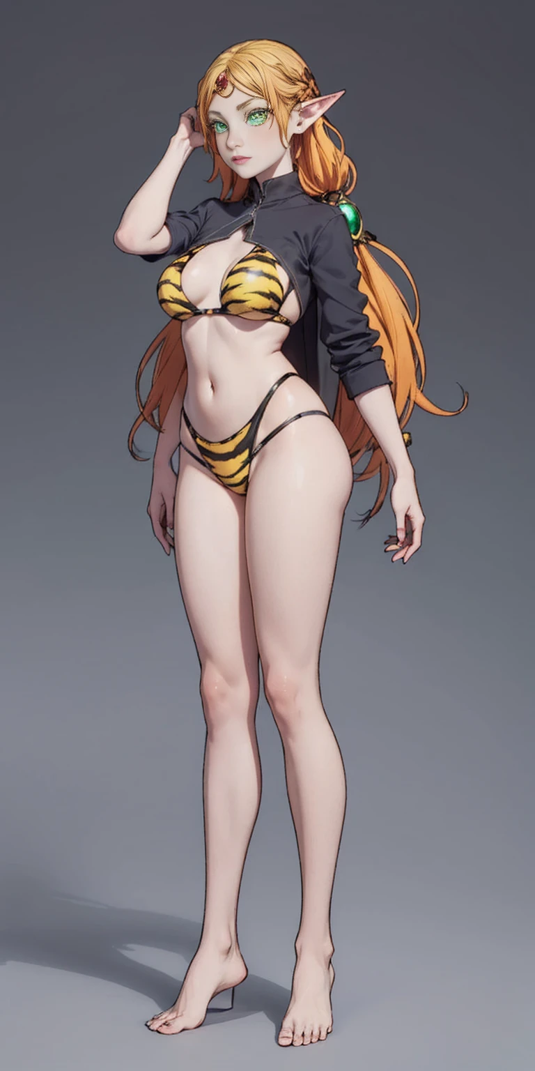 Dark skin, female elf full body toe to head, long hair, blonde hair (green eyes:1.1) pointy ears, elf, multicolored hair, forehead jewel, yellow tiger bikini, standing symmetrical, plain background