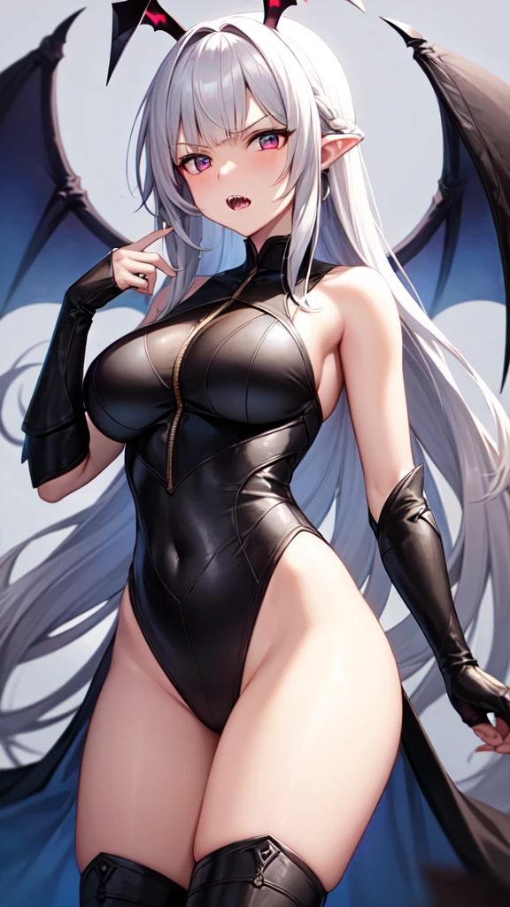 masterpiece, high quality, 4K, HDR,, A female knight wearing an armored dress BREAK Black halo above head, black horns on head, black dragon tail growing, large black wings on back BREAK Silver hair in an updo hairstyle with blunt bangs, long hair, disgruntled expression, crimson eyes, narrowed eyes, sharp teeth, slightly pointed ears, slightly open mouth BREAK Athletic, toned body, medium breasts BREAK Standing in a dramatic pose against a dark, ominous background