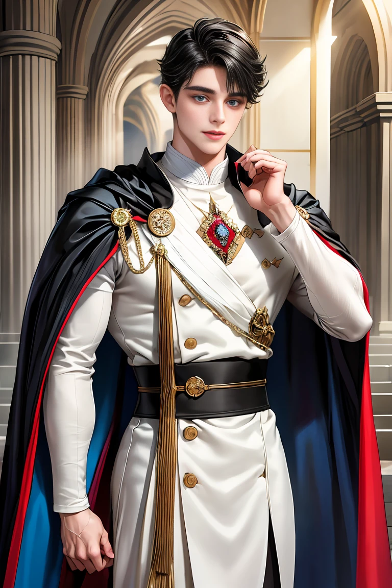 masterpiece, 最high quality, high quality, 1 boy, alone, Male focus, Watching the audience, Messy black hair, Adorable big blue eyes, White, Noble, Noble,Sexy voluminous cape、vampire、A very voluminous, large, very large, very large, long, long red and black cape with a high stand-up collar, made of a lot of fabric that reaches down to the floor., 17 years old,Cute beautiful boys,Cute, cute, handsome boy with a gentle smile