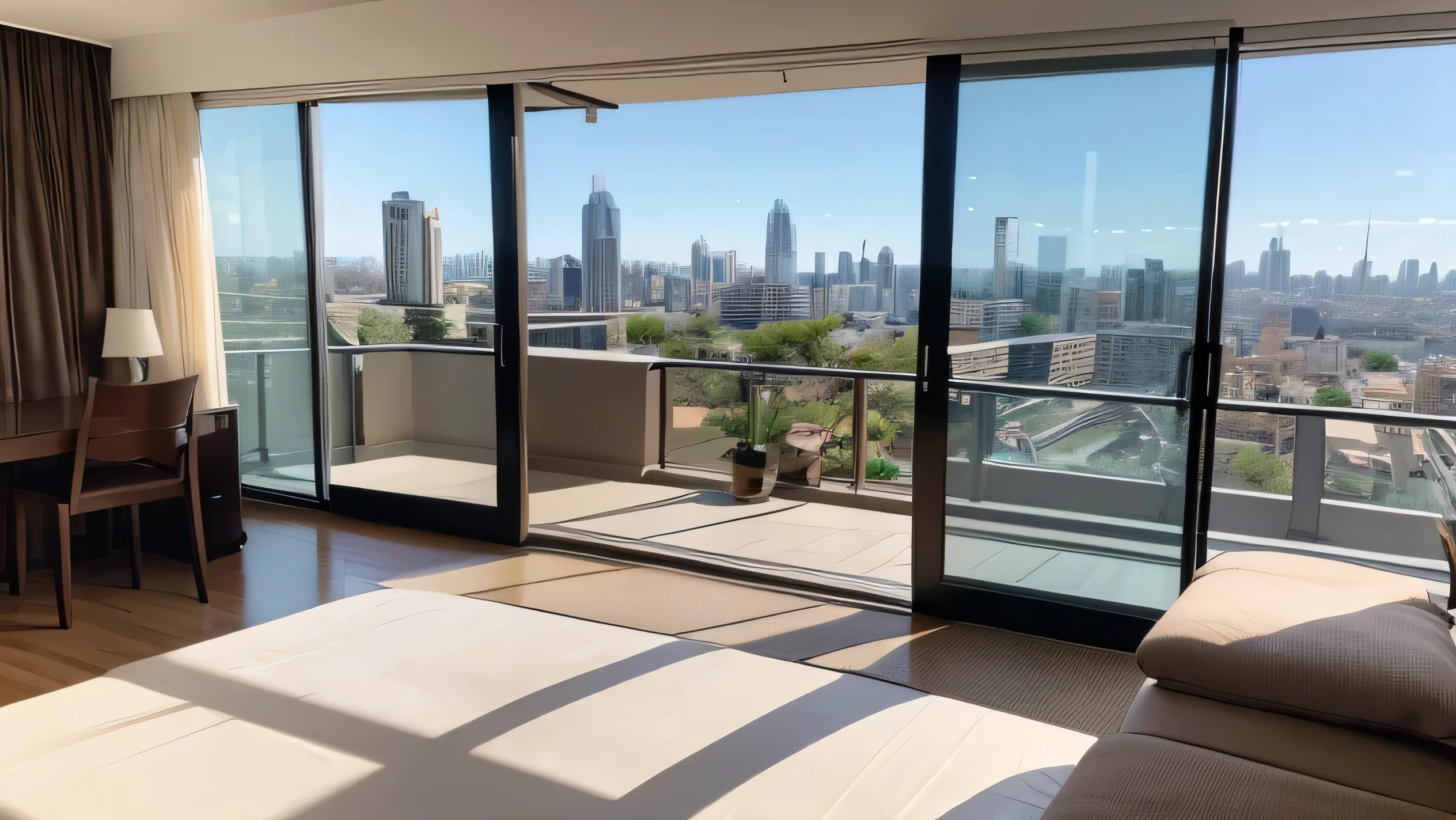 Image of a deluxe suite featuring a panoramic view of the city, spacious space, and luxurious interior
