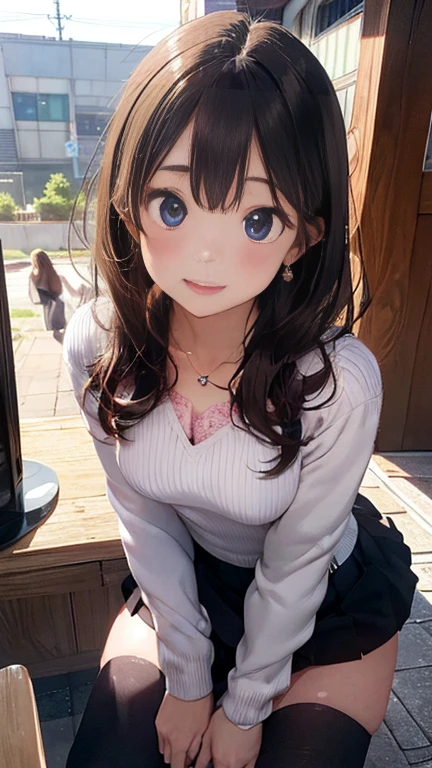 (Tabletop: 1.3), (Maximum resolution: 1.2), (Ultra HD TV: 1.2), Cinematic light, Ultra HD TV, (Detailed eyes and skin), (Detailed facial features), Hmph, 8k resolution, Sharp focus: 1.2, Perfect Style, Beautiful Face, Perfect body, Accurate, Anatomically correct, Highly detailed face and skin texture, Detailed eyes, Dark blue eyes, double eyelid, Thin eyebrows, Glitter Eyeliner: 1.2, Natural Cheeks, Glowing Skin, Fair skin: 1.2, Shiny little necklace and earrings, (Glossy Lips: 1.4), break, First Person View, (She is a very cute female teacher), (Pink lace panties), (Captivating smile: 1.2), ((Pure and cute girl:1.3)), (Long Wavy Hair), (Light Brown Hair:1.2), (Cowboy Shot: 1.2), break, ((Very close relationship: 1.2)), Medium large breasts, ((View your viewers:1.2)), ((Hot Spring Trip:1.2)), ((Bend your knees and open your legs wide:1.2)), (From the side:1.2),Low angle shot,Full Body Shot A light-colored, long-sleeved, tight-fitting sweater Tight Denim Mini Skirt Embarrassed look Kamimei