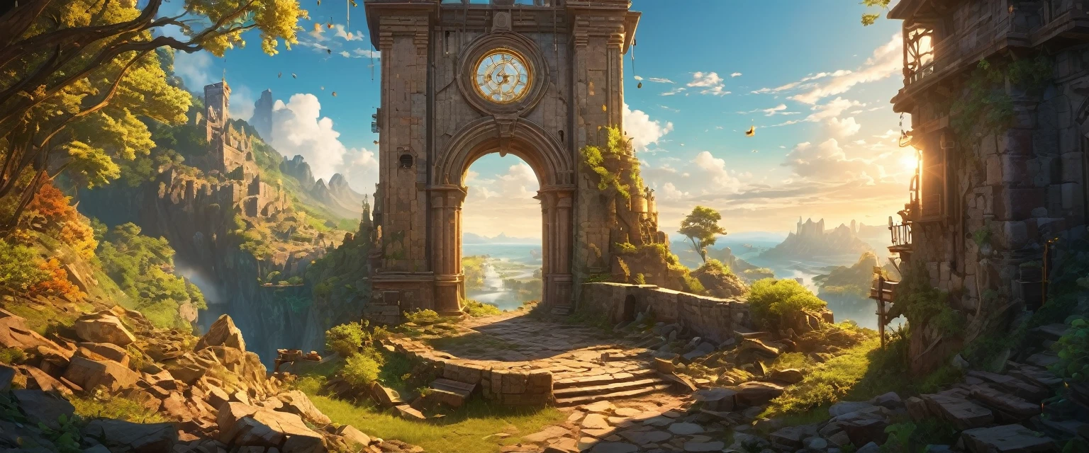 (anime, fantasy, portal),(extremely detailed CG unity 8k wallpaper, masterpiece, best quality, ultra-detailed, depth of filed, HDR:1.2, high FXAA), golden ratio, vibrant colors, mysterious atmosphere, sole weathered watchtower, medieval watch tower, crumbling down, debris, general shot, ethereal light, fantastical landscapes
