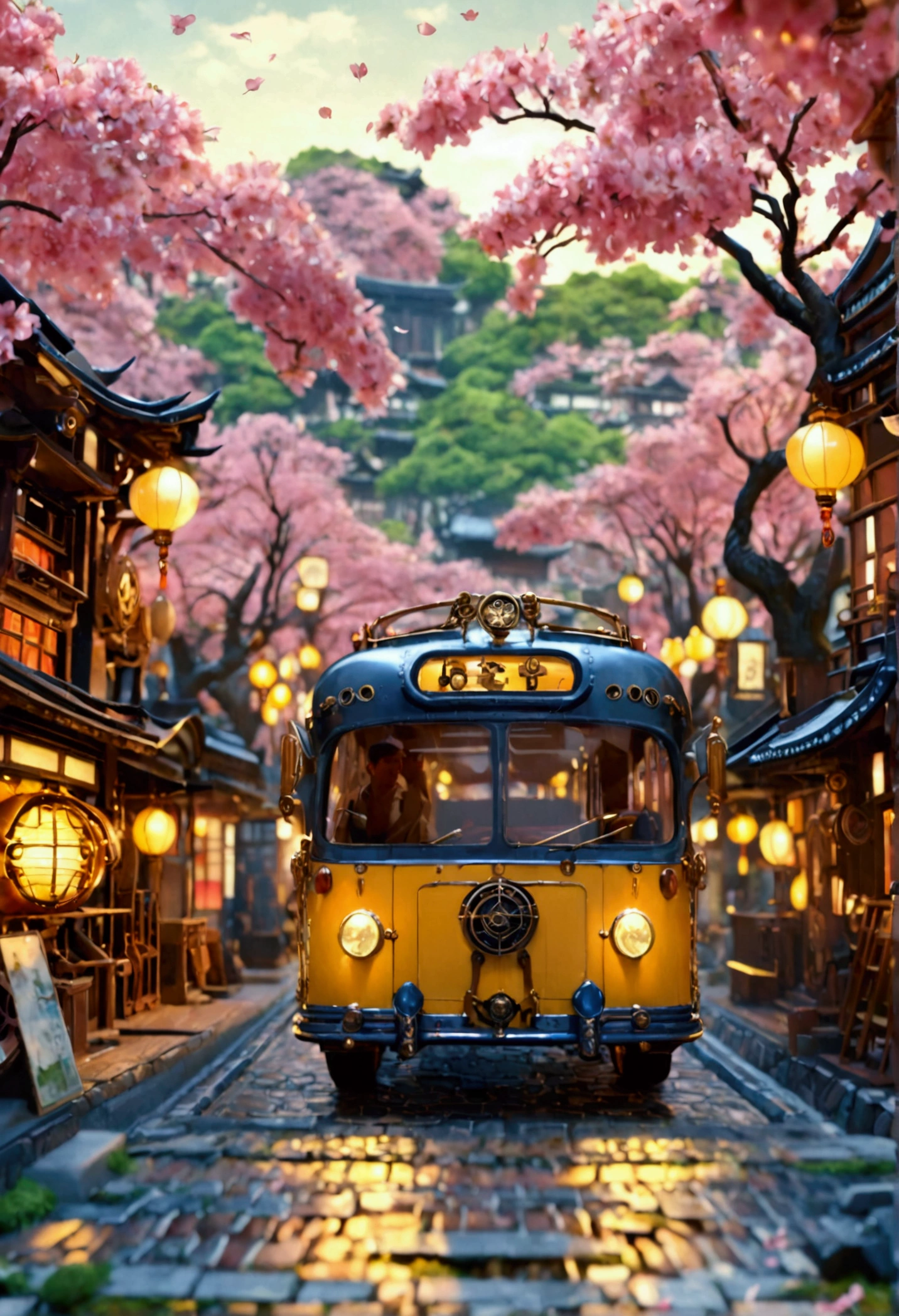 a yellow steampunk bus on a japanese street, highly detailed, photorealistic, 8k, hyperrealistic, masterpiece, volumetric lighting, cinematic atmosphere, intricate mechanical details, gears, brass, copper, glass, steam vents, ornate decorations, neon signs, traditional japanese architecture, cobblestone road, sakura trees, detailed people walking, dynamic composition, dramatic shadows and highlights
