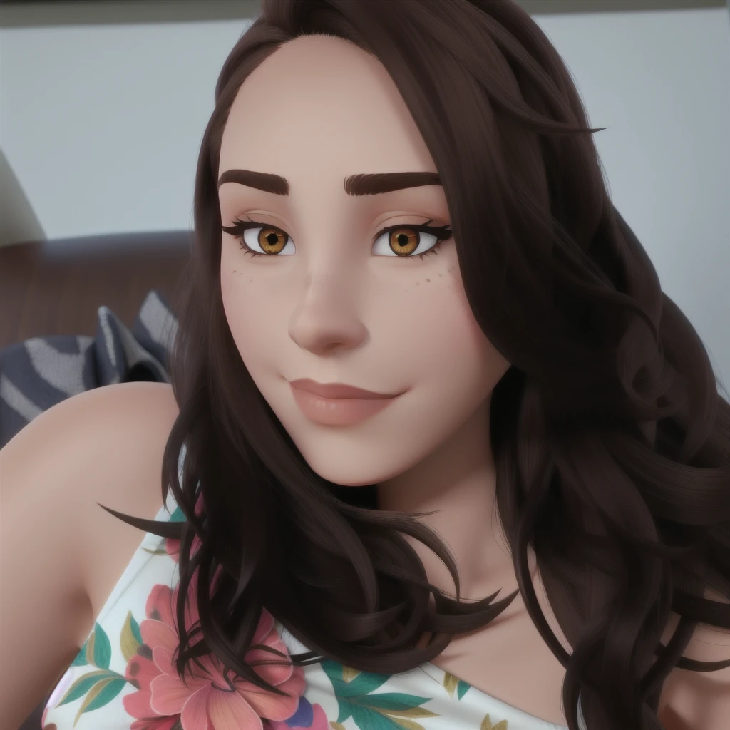 Woman with long dark brown hair, nose piercing, eye with eyeliner