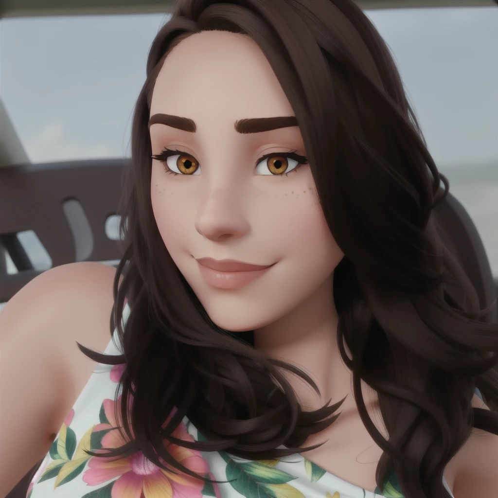 Woman with long dark brown hair, nose piercing, eye with eyeliner