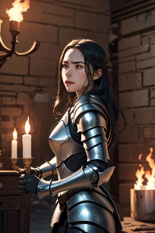 ((masterpiece, Highest quality)), ((Detailed CG integrated 8K people)), Rooms in the dungeon, torches, Woman fighting monsters, Sword in hand, Wear armor, head to waste,