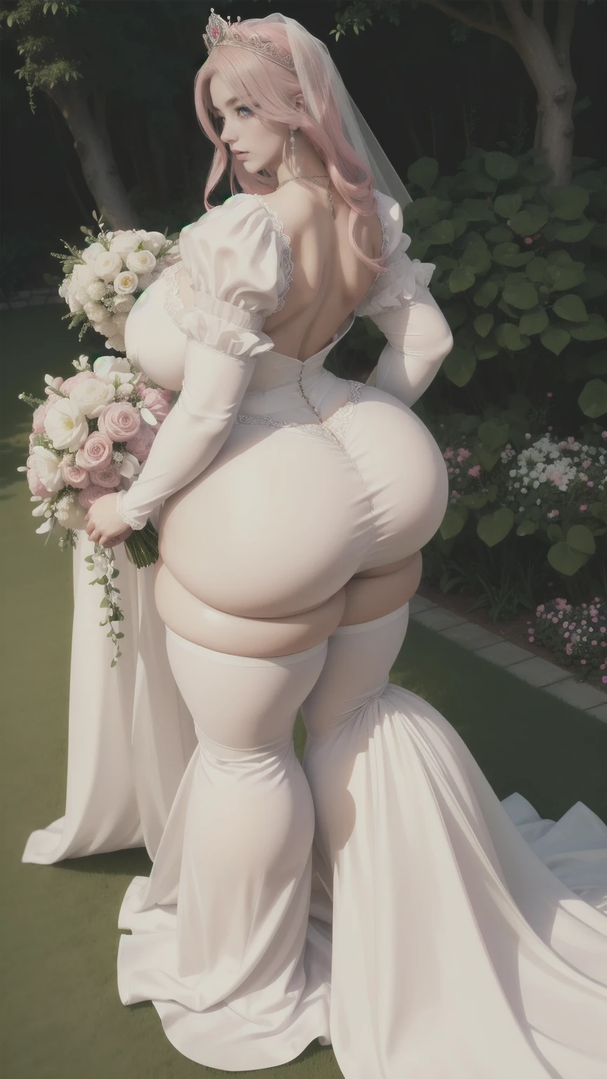 POV from above big ass, back view from above Attractive dressing Beautiful colorful hairs,perfect facial features of well dressed in big garden,side face,empty hand's ,looks like gorgeous wife giving a eligent pose wearing princess wedding gown dress, added anime white stockings ((with big body curves, attractive queen diamond crown full dressed 💍 pink and white clothing,bouncy breasts:2.4,puffy ,big attractive size ass thin waist,big wide hips)) wearing necklaces with princess sexy attractive long frock clothes full body clothing wedding 💍 white and pink bride clothes added stockings flowen net design frock