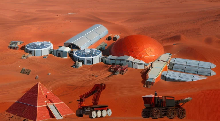 Mars base construction，There are ultra modern houses，Solar panels are harnessing the sun’s energy，There is a huge 3D printer printing a red pyramid structure，There are transporters transporting bricks，Realistic，Don't use bells and whistles，The exterior of the house is close to the color of the soil，The proportion of changes in the original picture is small，4K