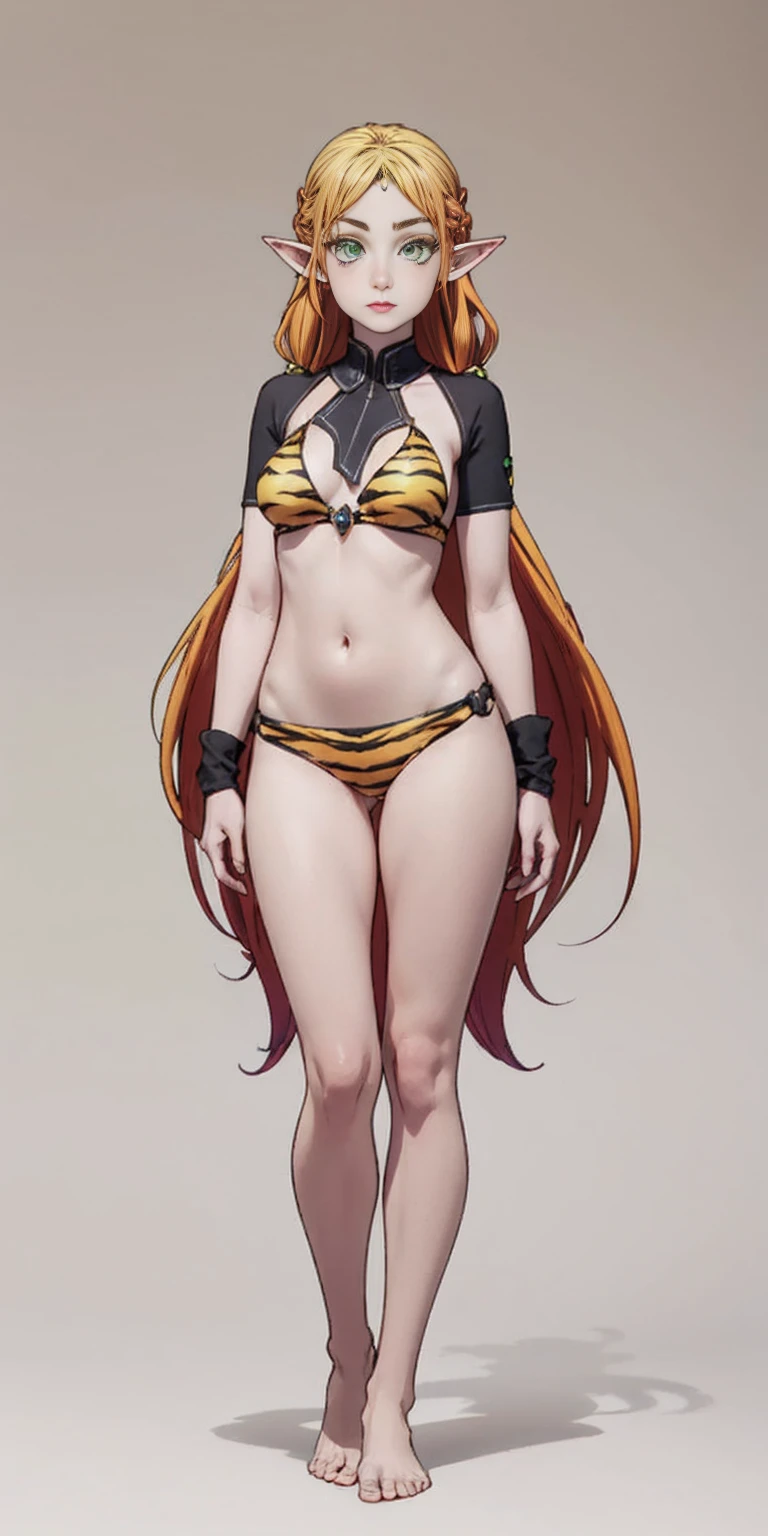 Dark skin, female elf full body toe to head, long hair, blonde hair (green eyes:1.1) pointy ears, elf, multicolored hair, forehead jewel, yellow tiger bikini, standing symmetrical, plain background