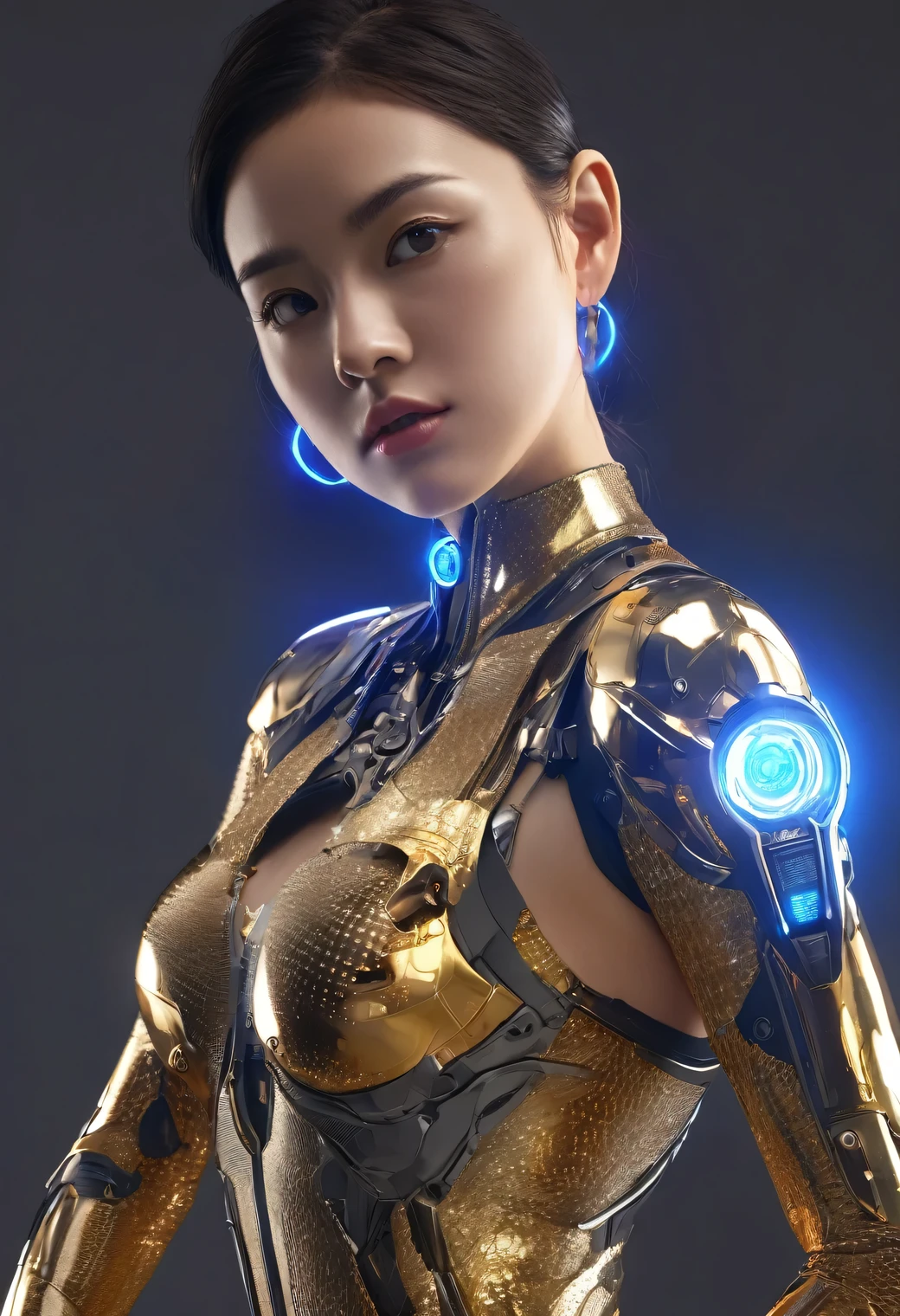A cyborg girl with a little gap between her waist, knees and arms, a beautiful shining atom ring on her chest, some mechanical parts on her hands, belly and legs, 24k, 16k, 8k, 4k, ultra-realistic, hyper-realistic, intricate details, cinematic lighting, volumetric lighting, advanced rendering, highly detailed, cinematic composition, dramatic lighting, chiaroscuro, vibrant colors, dynamic pose, mechanical girl, cyberpunk, sci-fi, futuristic, surreal, photorealistic, digital art, 3d rendering, hyper-detailed, studio lighting, physically-based rendering, vivid colors, sharp focus, extreme detail