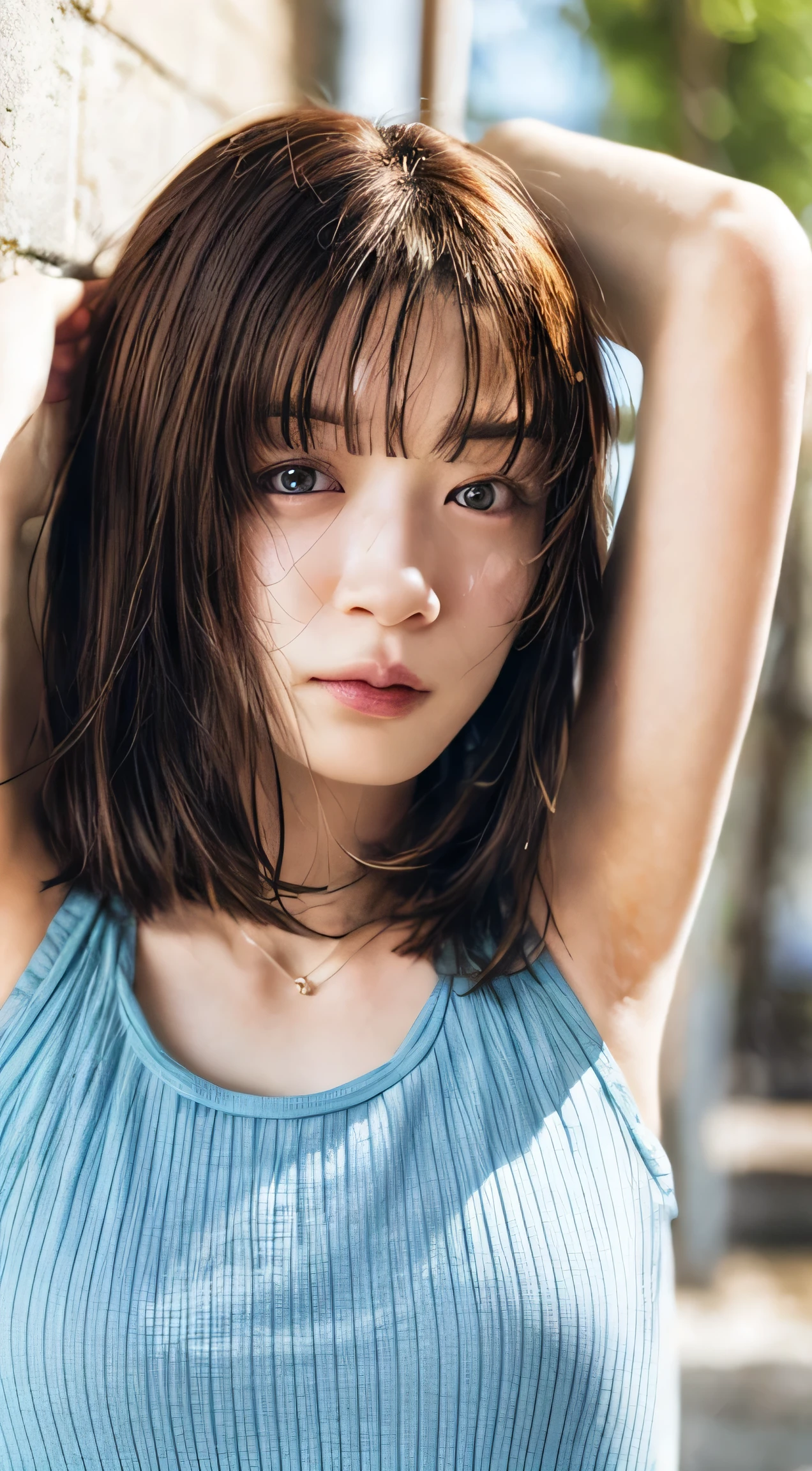 (Ultra HD、Ultra-high resolution、Realistic:1.3、8k、Japanese Model、In front of the wall)、Attention in the armpits、Viewer、(Extremely realistic skin texture:1.4)、(Realistic:1.3)、short hair、((Embarrassed expression:1.5))、(blonde:1.3)、40-year-old woman、Mature Woman、ponytail、(Lift your arms and show your armpits:1.4)、((Face close-up:1.52))、(Armpit sweat)、Leaning against a wall、((Shooting from the side:1.05))、necklace、good