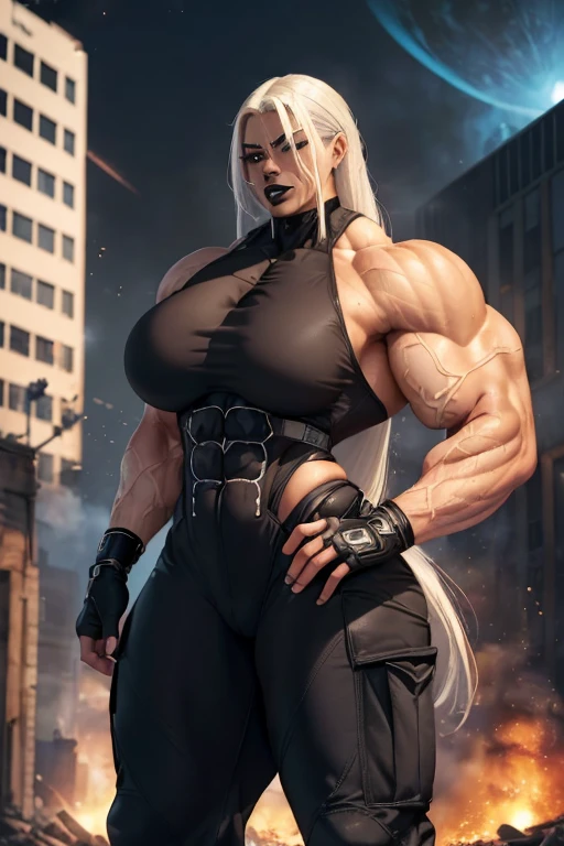 (((((Massive tall, beautiful, buff, light brown skinned muscular woman with white hair, black lipstick, ginormous bulky muscles and wearing a Stealth bodysuit and cargo pants))))), (close view), ((massive muscles)), massive biceps, hyper muscle shoulders, ginormous muscle arms, hyper muscle triceps, (straight long hair), blue eyes, choker, (stealth belt), black boots, (fingerless gloves), (in front of an exploding building), sensual smile, night, hyper muscles arms, hyper muscle legs, (ginormous arms).