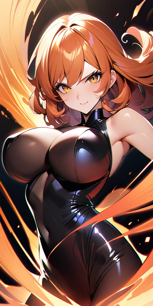 ((Highest quality、masterpiece、anime style、best quality、high resolution、8k、detailed、ultra-detailed:1.3))、Long legs、Sharp focus:1.2, Beautiful woman with perfect figure:1.4、(Smiling:1.2), double eyelid、30-year-old female、Sexy pose、((((Close your mouth、One Woman、All-black catsuit:1.5)))),The background is a different world、movement,Dynamism、Fighting Pose、Orange Hair、Curly Hair、Mine Fujiko、Big Breasts