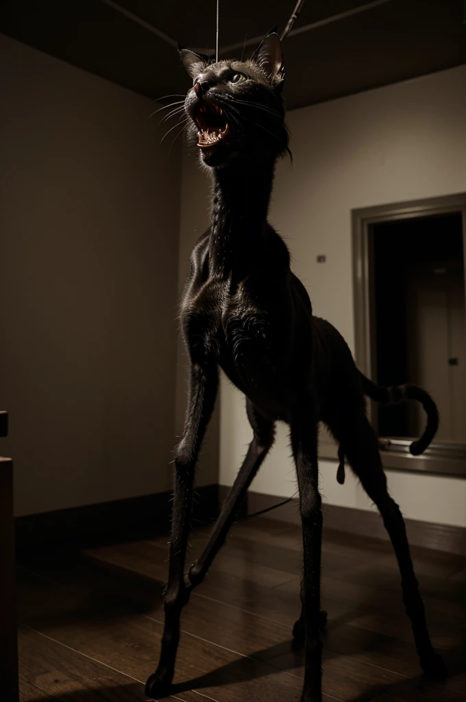a cat with long spidery spider legs coming out of its mouth, twisted body, in a hospital hall, highly detailed, photorealistic, 8k, masterpiece, dark fantasy, horror, surreal, cinematic lighting, moody atmosphere