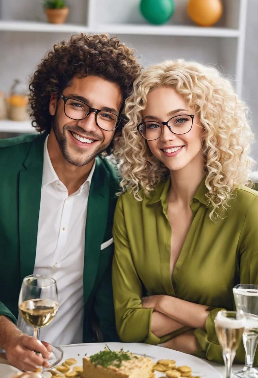 Create a couple celebrating at the team&#39;s football stadium wearing the color shirt (black andwhite) 
how they should be: man with curly hair and brown color and brown eyes also his skin will be white as the woman should be a woman with glasses blonde hair white skin color with green eyes.
