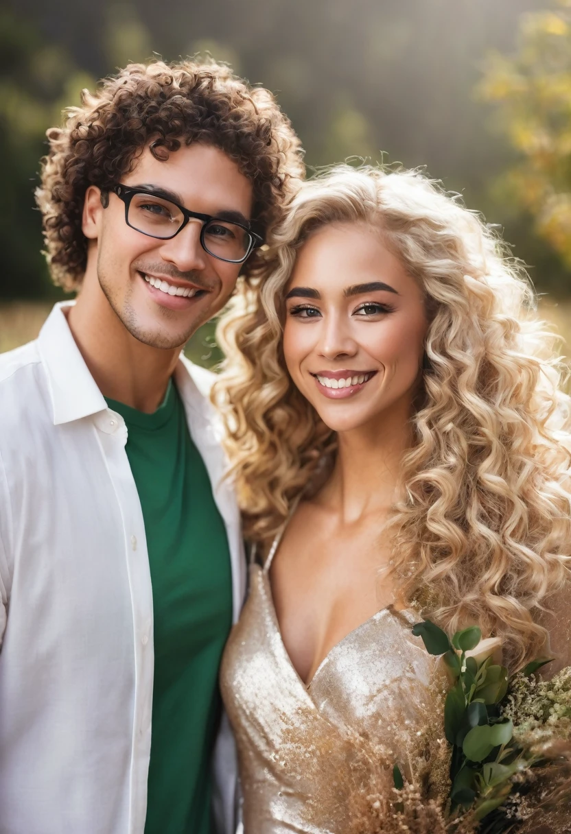 Create a couple celebrating at the team&#39;s football stadium wearing the color shirt (black andwhite) 
how they should be: man with curly hair and brown color and brown eyes also his skin will be white as the woman should be a woman with glasses blonde hair white skin color with green eyes.