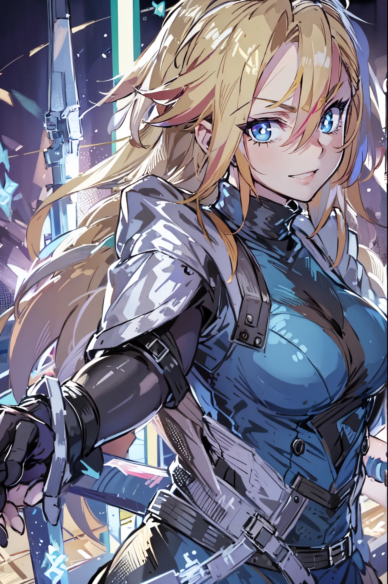 (masterpiece, best quality:1.2), Blue  glowing eyes, perfect face, highres, 1 girl, solo, ultra long ponytail, (female:1.5), strife, blonde hair, shoulder armor, sleeveless turtleneck, suspenders, belt, gloves, bracer, evil smile, standing, portrait, looking at viewer, giant sword on the back