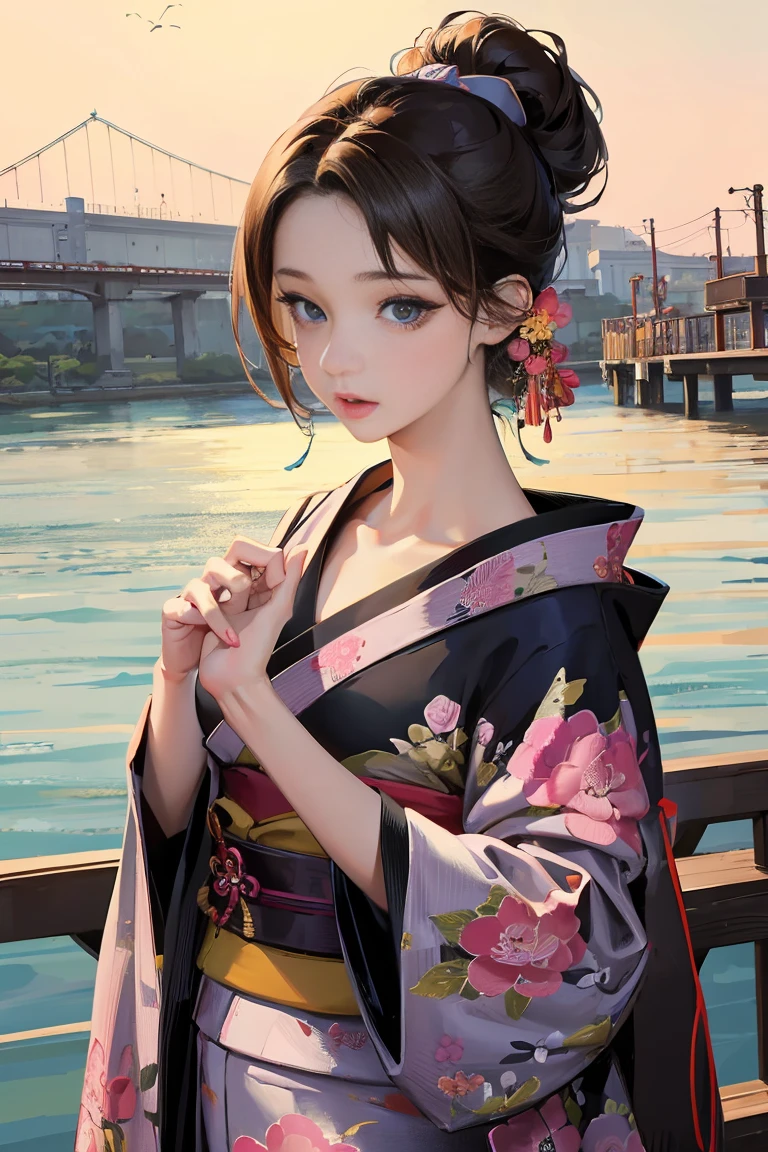 (Highest quality、 8k 、masterpiece、High resolution)、(whole body)、Vibrant colors、Brown-black bob、Traditional round topknot、Ample breasts、(Highly detailed face and eyes、Beautiful Face、Beautiful Eyes、Beautiful nose、Pretty lips)、Detailed Art,(Art with precise detail), (Beautiful woman in kimono standing on a river bridge),(Vivid floral patterned kimono), Detailed CG、