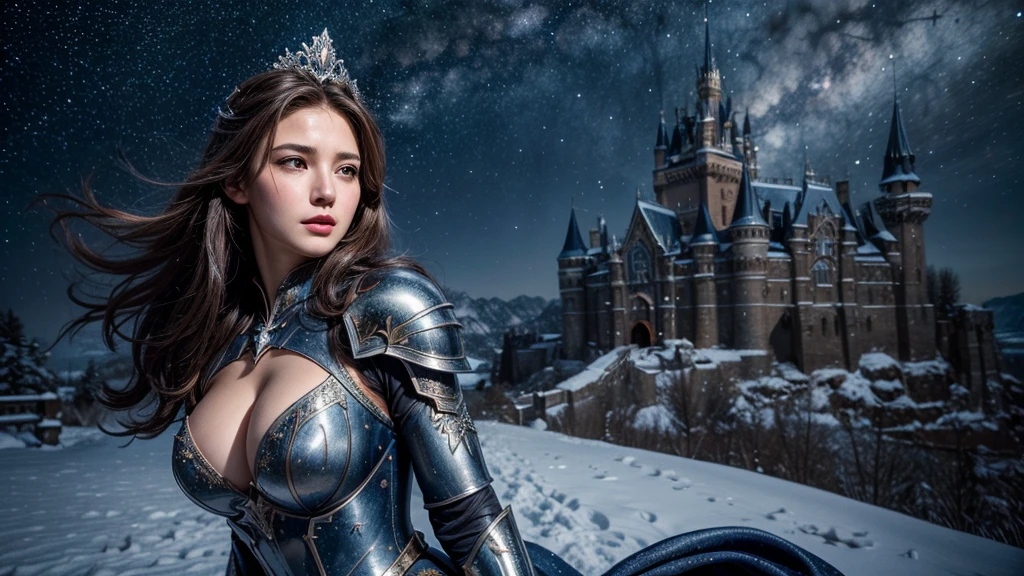 masterpiece, rest, best quality, Very detailed, Super real, 16K, high resolution, castle，snow, ((Starry Sky)),Female Mage，Gorgeous armor，Complex Mode，Large Breasts，Pretty Face，Closed mouth，dramatic，Half-length photo，Glowing scepter