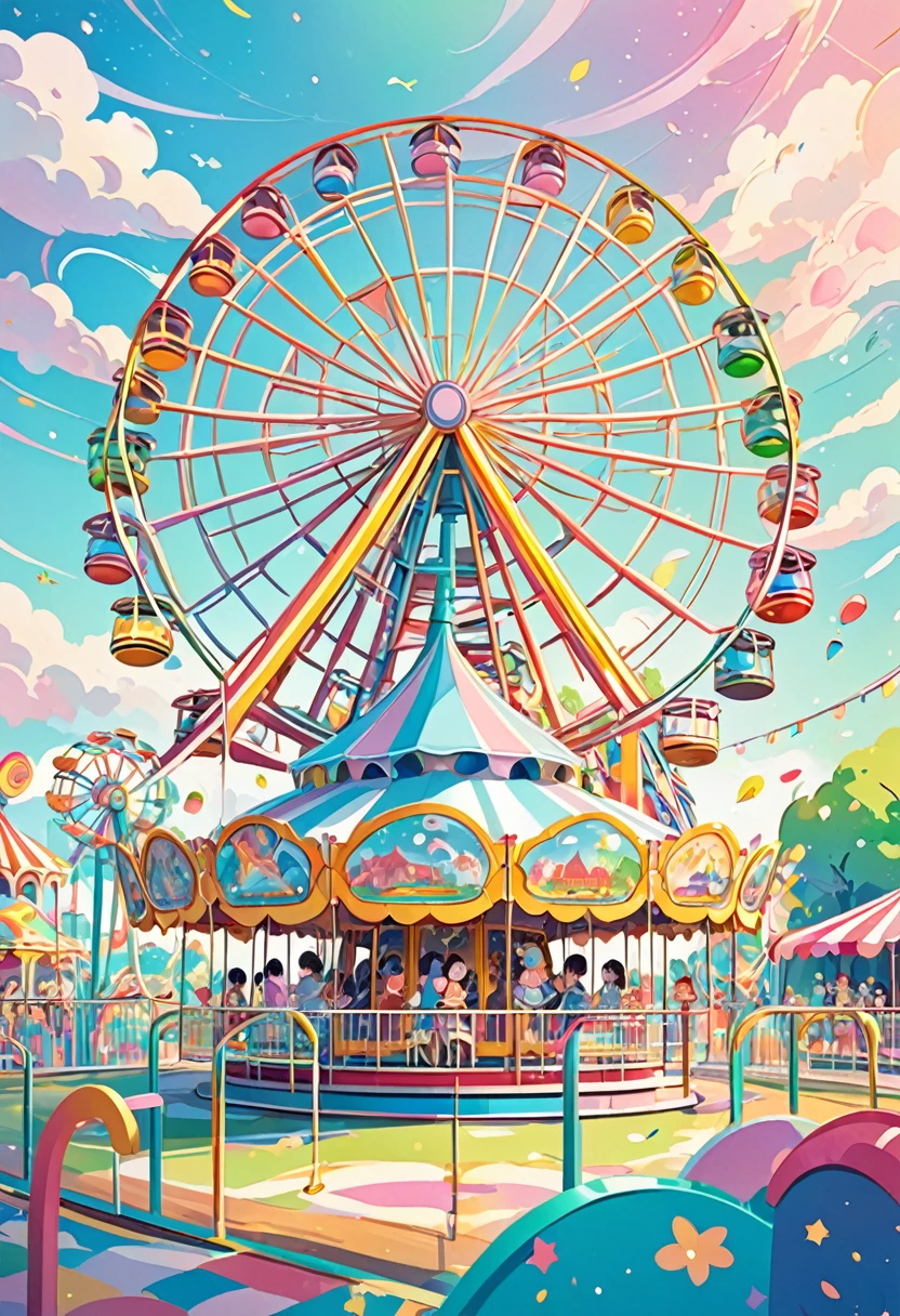 amusement park, abstract Ferris wheel, abstract merry-go-round, family, cute illustrations like those in children's picture books, soft effects, soft colors effects