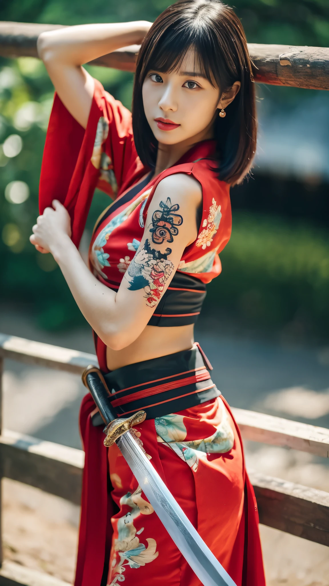 Beautiful Chinese woman, (), pretty face, red lips, white moisturized skin,
BREAK,
Athletic feminine body, Female fitness model body, Hard-toned feminine body, (muscles: 1.2), (beautiful belly button),
BREAK,
Martial arts, Kung fu, Idol,
BREAK,
(wearing cute kimono: 1.3), (red long boots 1.3), necklace, very large earrings, short length,
BREAK,
Short hair, (short bob hair), (bangs: 1.2), (pink hair), (wavy hair),
BREAK,
(very large sword: 1.4), (holding sword handle in hand: 1.3), (raising very large sword: 1.2), (getting into a fighting stance),
BREAK,
(Japanese tattoo: 1.4),
BREAK,
Masterpiece, perfect lighting, ultra-high resolution, 8K, (highly detailed: 1.4), (Front view), Looking at the camera, Melancholic expression,
BREAK,
(Tokyo city, lots of people in the background), Japanese city background,