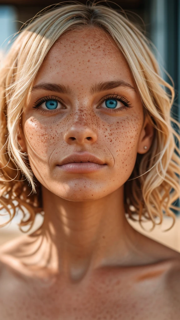 An exquisite portrait of an extremely albino woman with freckles, photography captured in stunning 8k resolution and raw format to preserve the highest quality of details. The beauty of women is undeniable, her face commanding the frame in a close-up that reveals the intricate details of her large, bright, light blue eyes, that complements your radiant skin, and her eyes are portrayed with meticulous attention to detail, showing the captivating depth within. The photograph is taken with a lens that emphasizes the challenge of your gaze, environment that highlights the soft colors of the scene. Lighting and shadows are expertly crafted to highlight the richness of your skin tone and the subtle nuances of your features.. Her curly blonde hair is highly detailed strand by strand, with its distinct tone, adds a touch of warmth and contrast against your skin. The interior ambiance adds a sense of intimacy, while the freckles on your skin. The overall composition captures its essence with authenticity and grace, creating a portrait that is a celebration of your heritage and beauty. Photography by challenge512, using the best shadow and lighting techniques, to create a mesmerizing portrait that transcends the visual,
ultra-realistic image, perfect symmetry, vibrant and clear, dynamic view, high level of detail and definition, 1200 PPI - Photographic resolution with greater color realism, hyperrealisti, high fidelity,  cinematic, 8K UHD image resolution.