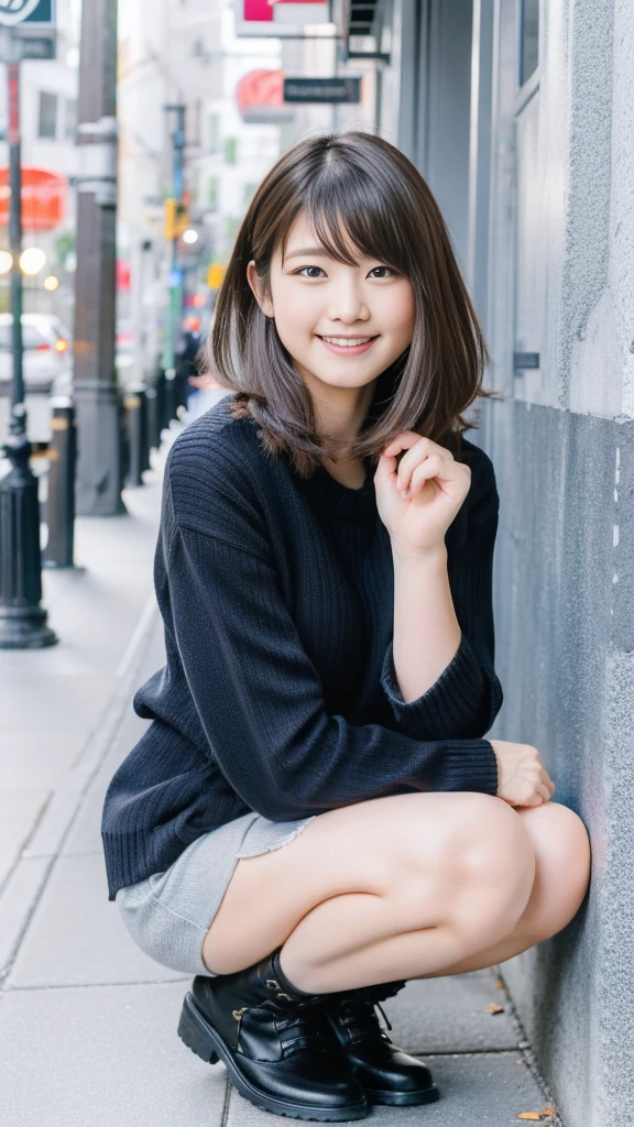 Photo taken by a professional photographer,laughter:1.5,Close-up of a 30-year-old Japanese woman squatting on the sidewalk, wearing a sweater, Short-cut brown hair, hair is disheveled,young and cute girl, wear a miniskirt:1.5,Wear stylish boots,Fancy makeup with red eyeshadow,Beautiful thighs are visible,Squatting with crotch open facing the front:1.5,I can see black panties:1.5,