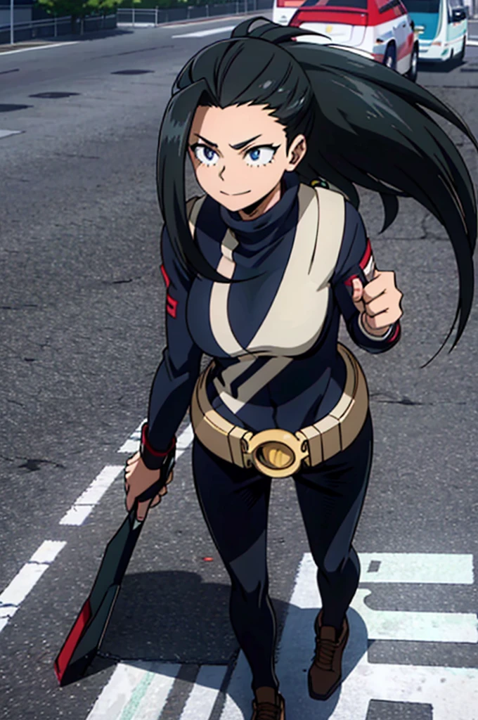 high image quality, she is a 20 year old teenager, she has slightly disheveled very black hair..., somewhat light blue eyes, on a busy avenue , walking on the busy avenue, fit body , nice face , attractive, happy face, with normal warm clothing , my hero academy art style, boku no hero style