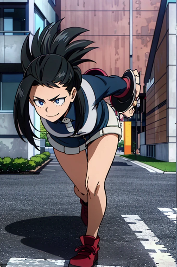  high image quality, she is a 20 year old teenager, she has slightly disheveled very black hair..., somewhat light blue eyes, on a busy avenue , walking on the busy avenue, fit body , nice face , attractive, happy face,  with normal warm clothing , my hero academy art style, boku no hero style