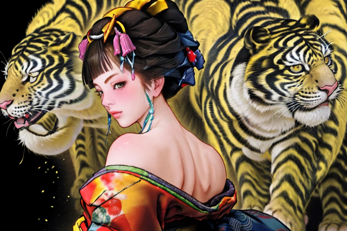 1 Girl, alone, Oiran, Maiko, country, Looking at the audience, short hair, Brown eyes, Brown Hair, Black Hair, hair ornaments, Upper Body, kimono, Blunt bangs, kimono, sash, Compensate, Bob cut hair, background with white Tiger, (((bare shoulders:1.5))),