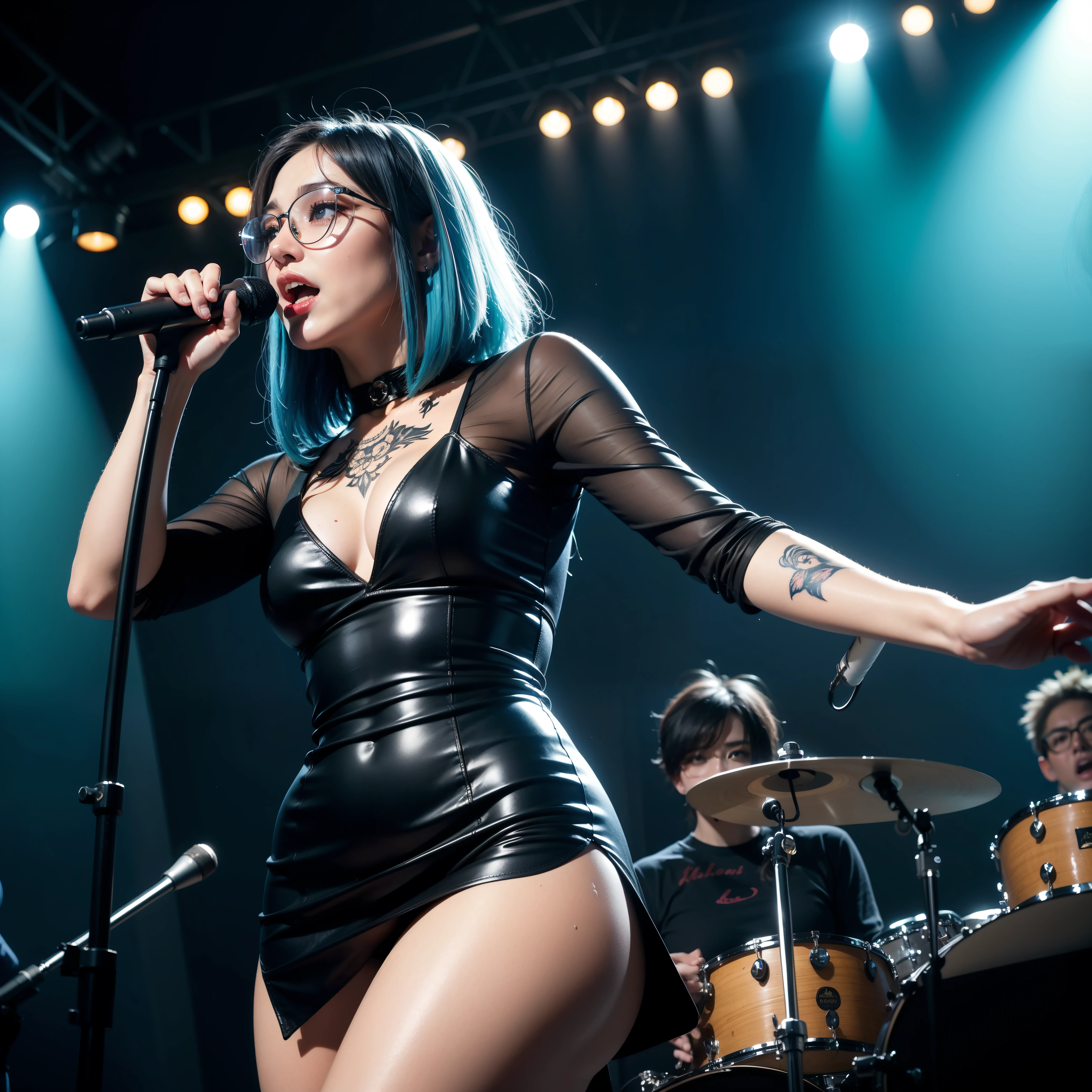 american shot, high quality, masterpiece photorealistic cinematography 8k, straight-haired London vampire woman, black with blue highlights, loose straight hairstyle with movement, stylish thin glasses, sensual rude expression, singing rock on a stage with lighting focused on her,, short rockstar dress, thick thighs with a tattoo of a blue flower on them, medium bust, sensual dream body, wide legs, natural texture, beautiful and perfect deep black eyes,