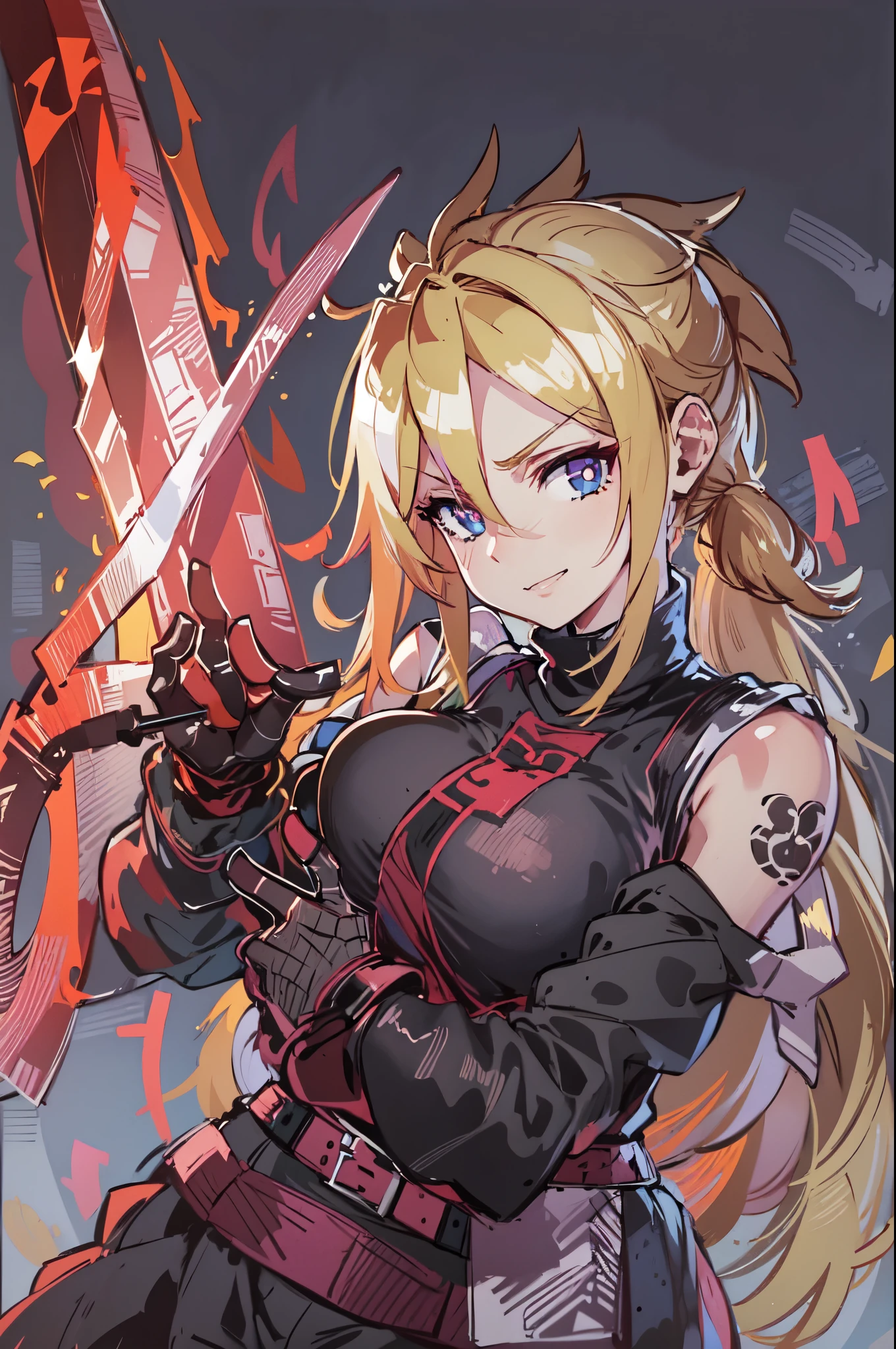 (masterpiece, best quality:1.2), red  glowing eyes, perfect face, highres, 1 girl, solo, ultra long ponytail, (female:1.5), strife, blonde hair, shoulder armor, sleeveless turtleneck, suspenders, belt, gloves, bracer, evil smile, standing, portrait, looking at viewer, giant sword on the back