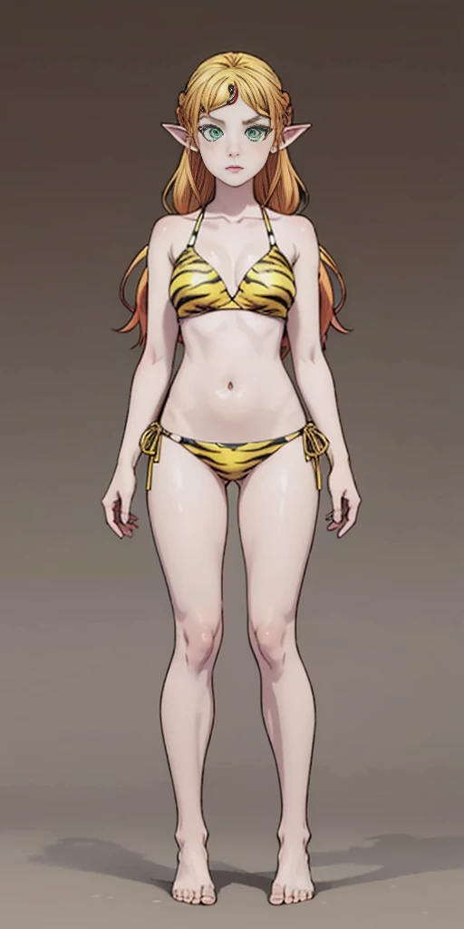 tsundere elf full body toe to head, long hair, blonde hair (green eyes:1.1) pointy ears, elf, multicolored hair, forehead jewel, yellow tiger bikini, standing symmetrical, plain background