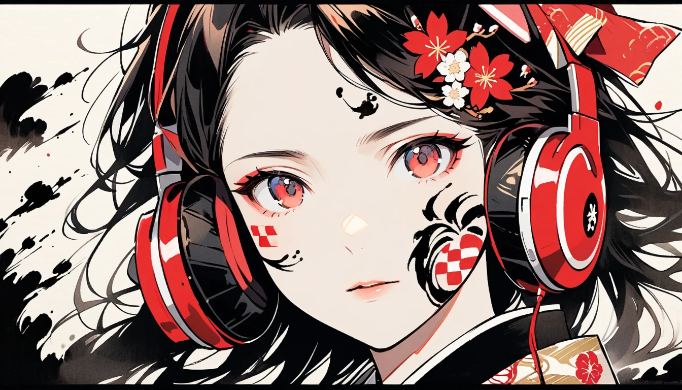 (((Ink Painting))), ((Japanese style headphones)), (((Japanese pattern tattoo on face))), face close up, Gorgeous hair accessories, Japan人の女, Fluttering Hair, Japan, Japanese flag, Japanの空手の衣装