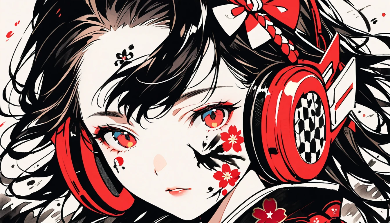 (((Ink Painting))), ((Japanese style headphones)), (((Japanese pattern tattoo on face))), face close up, Gorgeous hair accessories, Japan人の女, Fluttering Hair, Japan, Japanese flag, Japanの空手の衣装