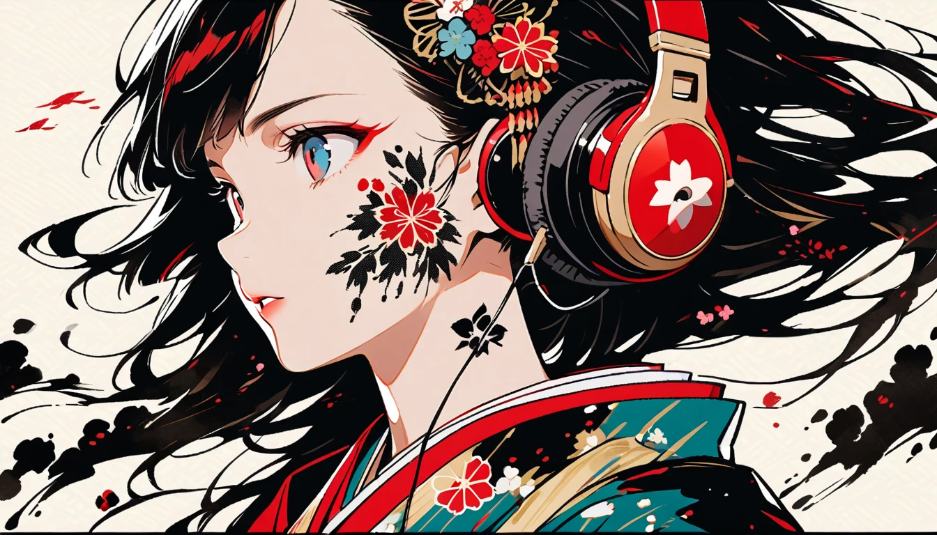 (((Ink Painting))), ((Japanese style headphones)), (((Japanese pattern tattoo on face))), face close up, Gorgeous hair accessories, Japan人の女, Fluttering Hair, Japan, Japanese flag, yellow