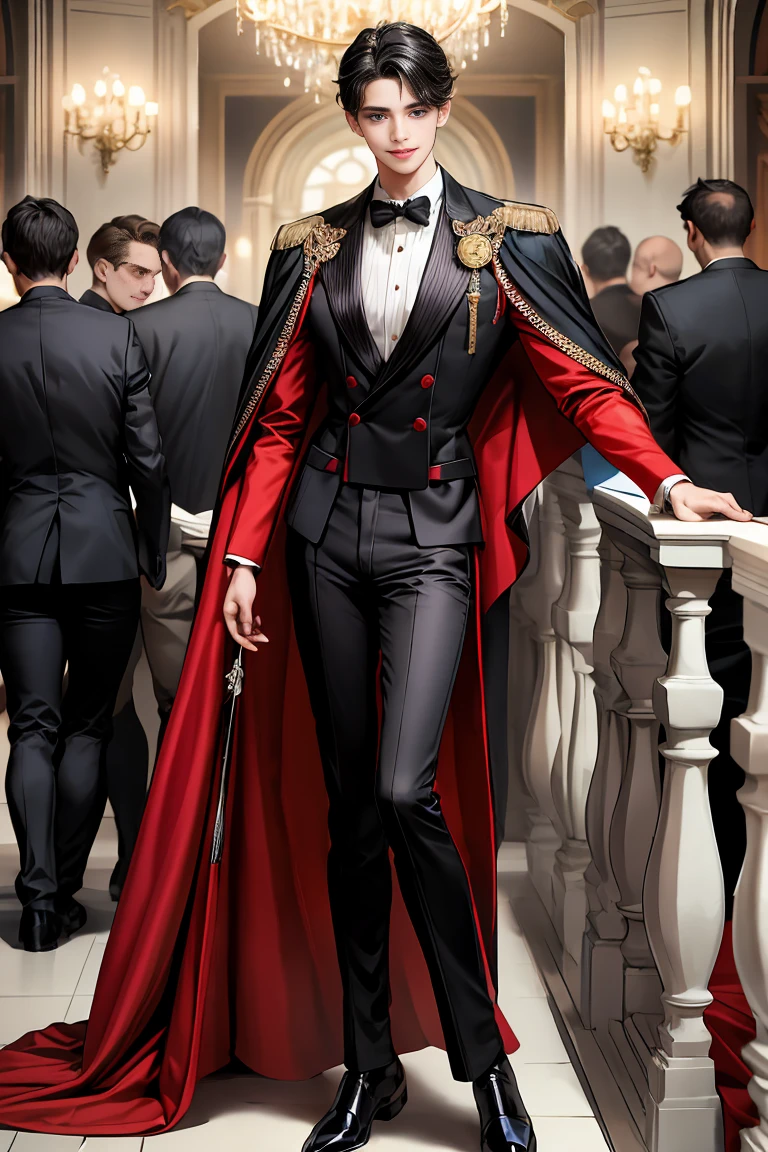 
masterpiece, 最high quality, high quality, 1 boy, alone, Male focus, Watching the audience,  Messy black hair, Adorable big blue eyes, White, Noble, Noble,A sexy, voluminous, puffy cape、tuxedo、A very voluminous, large, very large, very large, long, long red and black cape with a high stand-up collar, made of a lot of fabric that reaches down to the floor., ,Cute beautiful boys,Cute, cute, handsome boy with a gentle smile