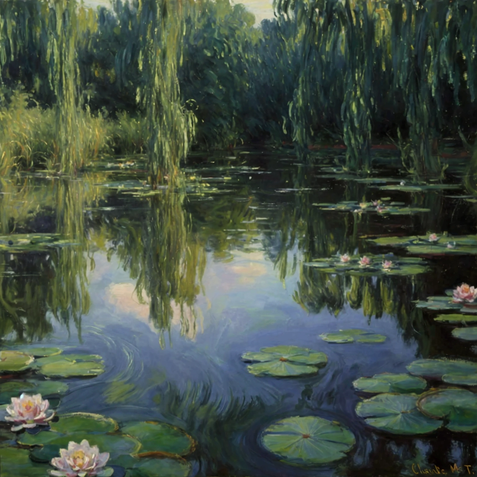 A pond with a rotting skeleton floating in it, a painting of water lilies in a pond of water, monet painting, claude monet), impressionist art, by claude monet, by Claude Monet, impressionism painting, impressionist painting, water lilies, monet painted, impressionist artists, impressionism, an impressionist painting, by Blanche Hoschedé Monet, style of monet, impressionism and expressionism, charles monet, french impressionism