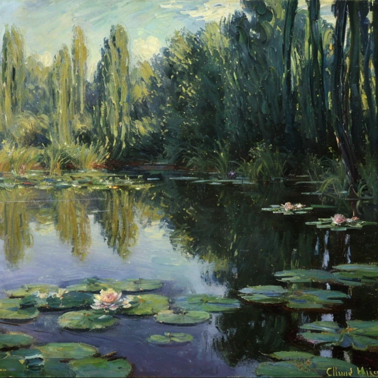 A pond with a rotting skeleton floating in it, a painting of water lilies in a pond of water, monet painting, claude monet), impressionist art, by claude monet, by Claude Monet, impressionism painting, impressionist painting, water lilies, monet painted, impressionist artists, impressionism, an impressionist painting, by Blanche Hoschedé Monet, style of monet, impressionism and expressionism, charles monet, french impressionism
