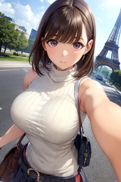 anegasaki nene、Shiny brown hair, short hair, (Beautiful brown eyes、Sparkling eyes, Fine grain)、Ultra-detailed eyes、Highly detailed face, Highly detailed eyes,

(8k, RAW Photos, Realistic: 1.25), 女性 takes a model photo underneath an Eiffel Tower-style tower, Detailed Tower Images, From below:1.3, , stylish, Sleeveless tight ribbed knit, Cut chest, Shoulder bag, Tight-fitting skirt, ((Clothes that accentuate sexy body lines)), ((Shoulder bagのベルトが胸の谷間にたすき掛けで挟まれている)), The belt digs into my chest.、 Looking down at the viewer, Photographing women elegantly、Lower Body, From groin to thighs,