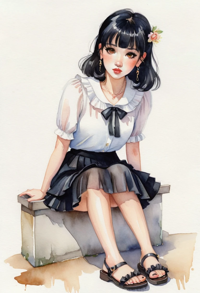 Miniature Painting, watercolor style, cartoonA woman looking straight ahead,Perfect face, she has black hair with bangs, brown eyes, small freckles on her face, earrings in her ears and a chain on her arm. She is wearing a black skirt and white blouse with ruffles. She has black sandals on her feet. watercolor style, kawaii style. high quality, by Harumi Hironaka and Camilla d'Errico