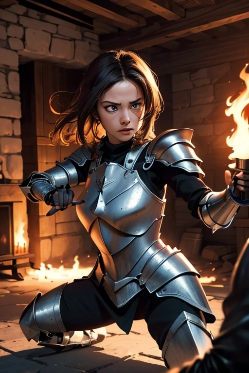 ((masterpiece, Highest quality)), ((Detailed CG integrated 8K people)), Rooms in the dungeon, torches, Woman fighting monsters, Sword in hand, Wear armor, head to waste,