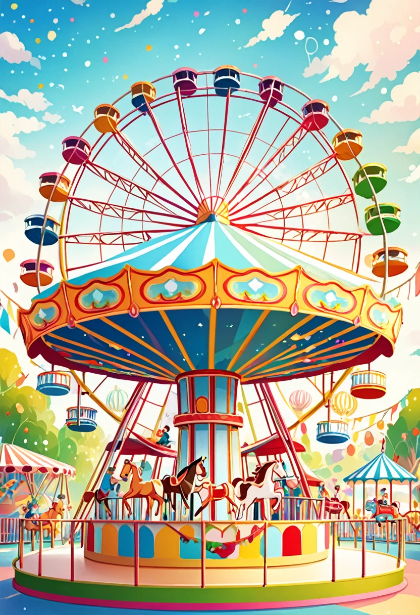 amusement park, abstract Ferris wheel, abstract merry-go-round, family, cute illustrations like those in children's picture books, soft effects, soft colors effects