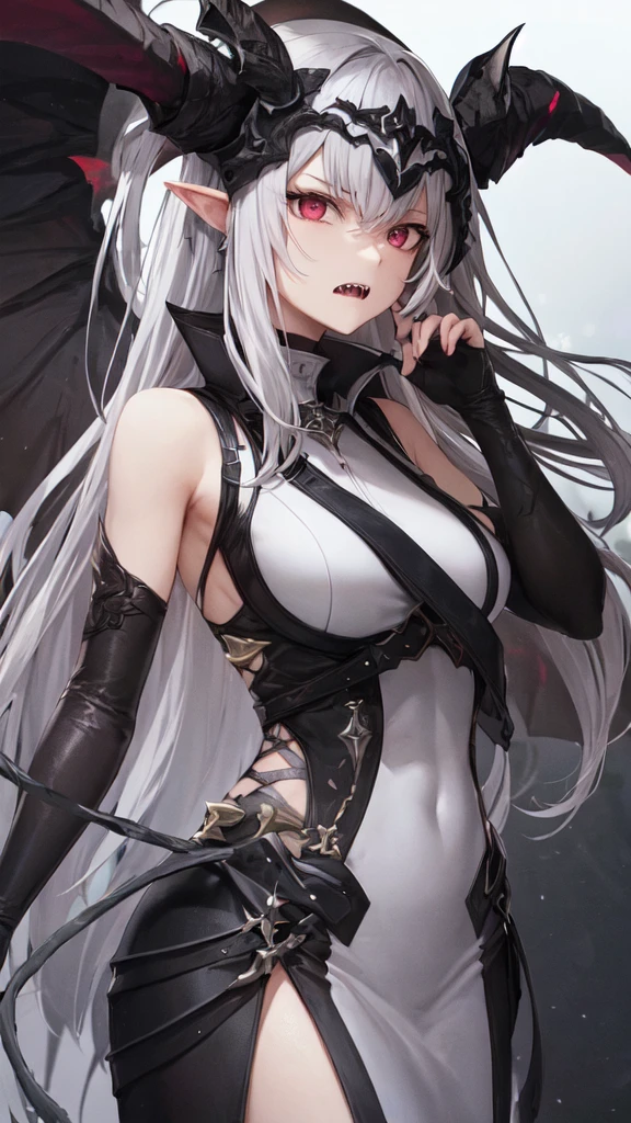 masterpiece, high quality, 4K, HDR,, A female knight wearing an armored dress BREAK Black halo above head, black horns on head, black dragon tail growing, large black wings on back BREAK Silver hair in an updo hairstyle with blunt bangs, long hair, disgruntled expression, crimson eyes, narrowed eyes, sharp teeth, slightly pointed ears, slightly open mouth BREAK Athletic, toned body, medium breasts BREAK Standing in a dramatic pose against a dark, ominous background