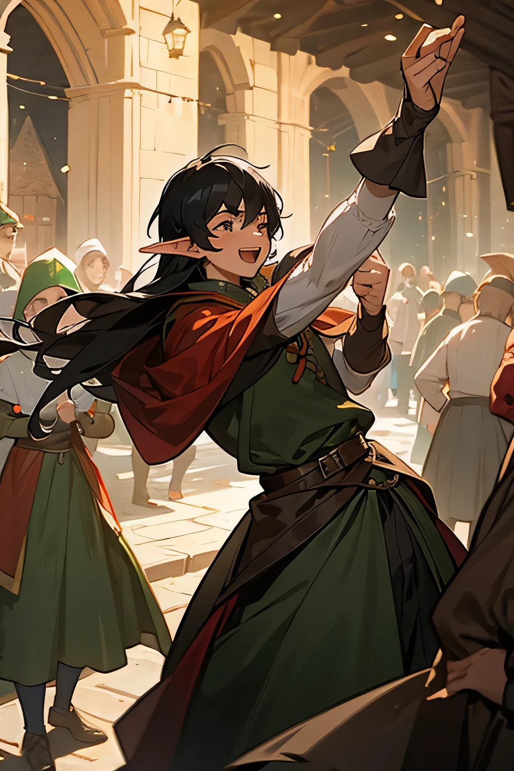 A young boy with black hair the same medieval adventurer in a festive medieval setting surrounded by humans and elves all happy and partying with music Dances and bright lights in a medieval village with festive decorations